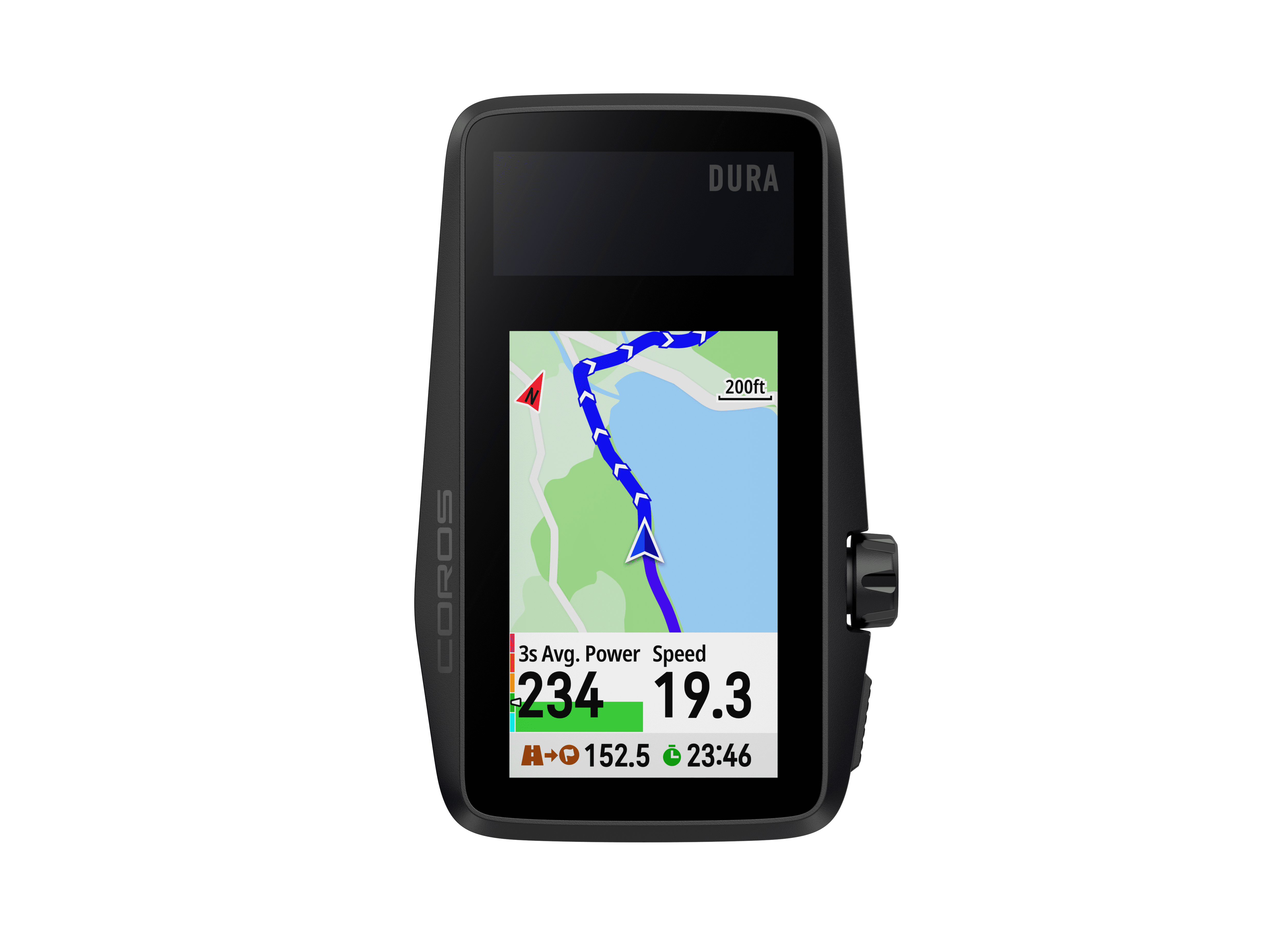 Computadora Coros Dura sobre un fondo blanco, con una pantalla que muestra el mapa, la velocidad y la potencia.
