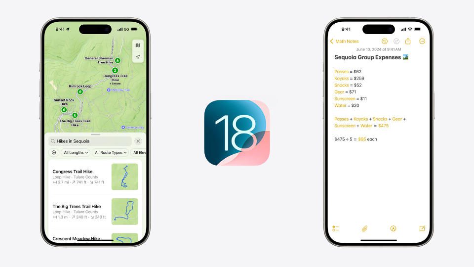 Dos iPhones separados por el logotipo de iOS 18, que muestran Mapa y Notas respectivamente.