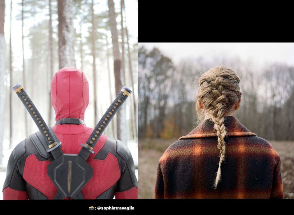 Ryan Reynolds comparte una foto de Deadpool (izquierda) y la portada del álbum 'Evermore' de Taylor Swift (derecha)