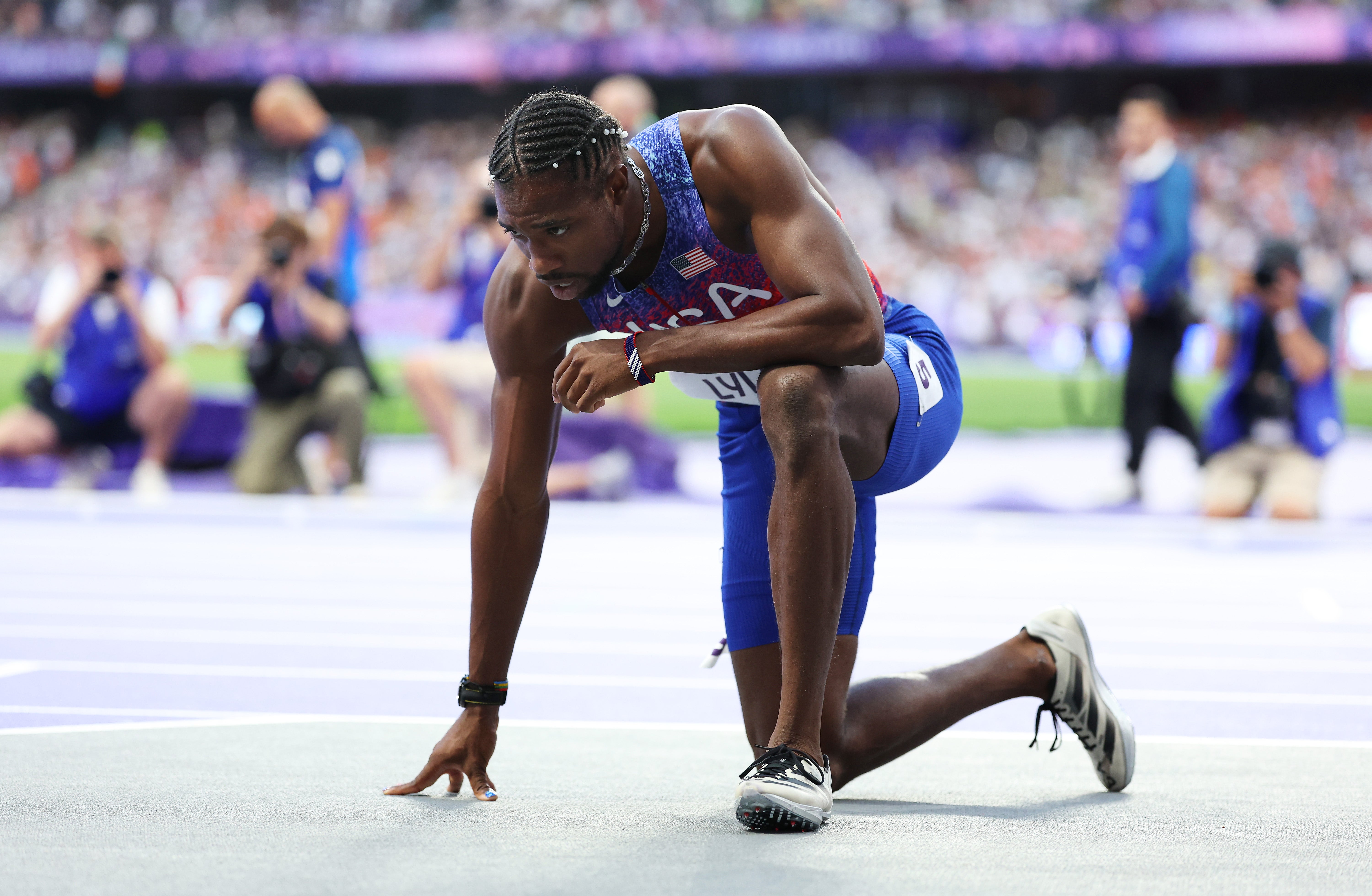 Noah Lyles tras terminar tercero en la final masculina de 200 metros