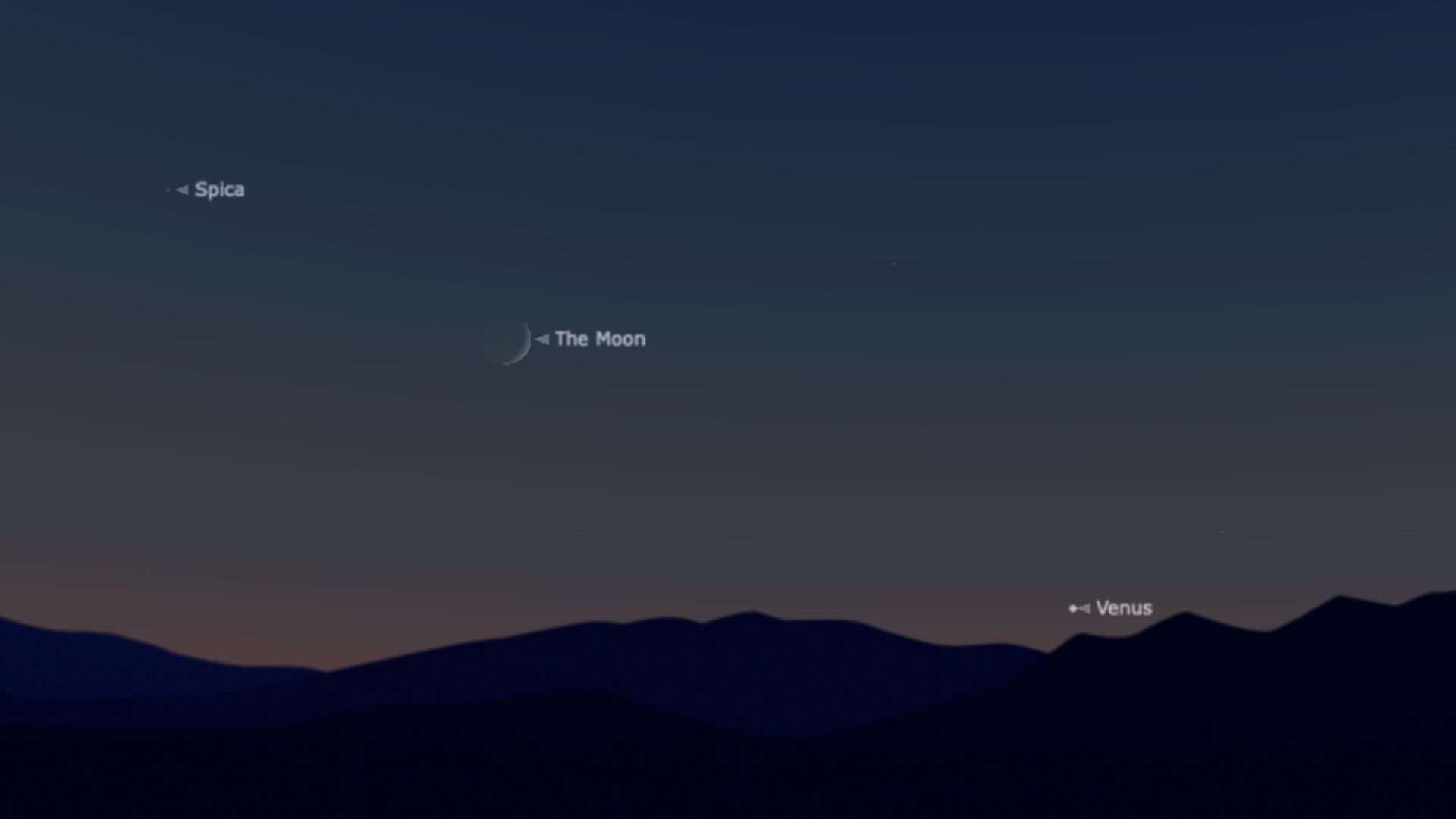 Un mapa del cielo muestra la luna en el centro del gráfico con la punta en la esquina superior izquierda y la flor en la esquina inferior derecha.