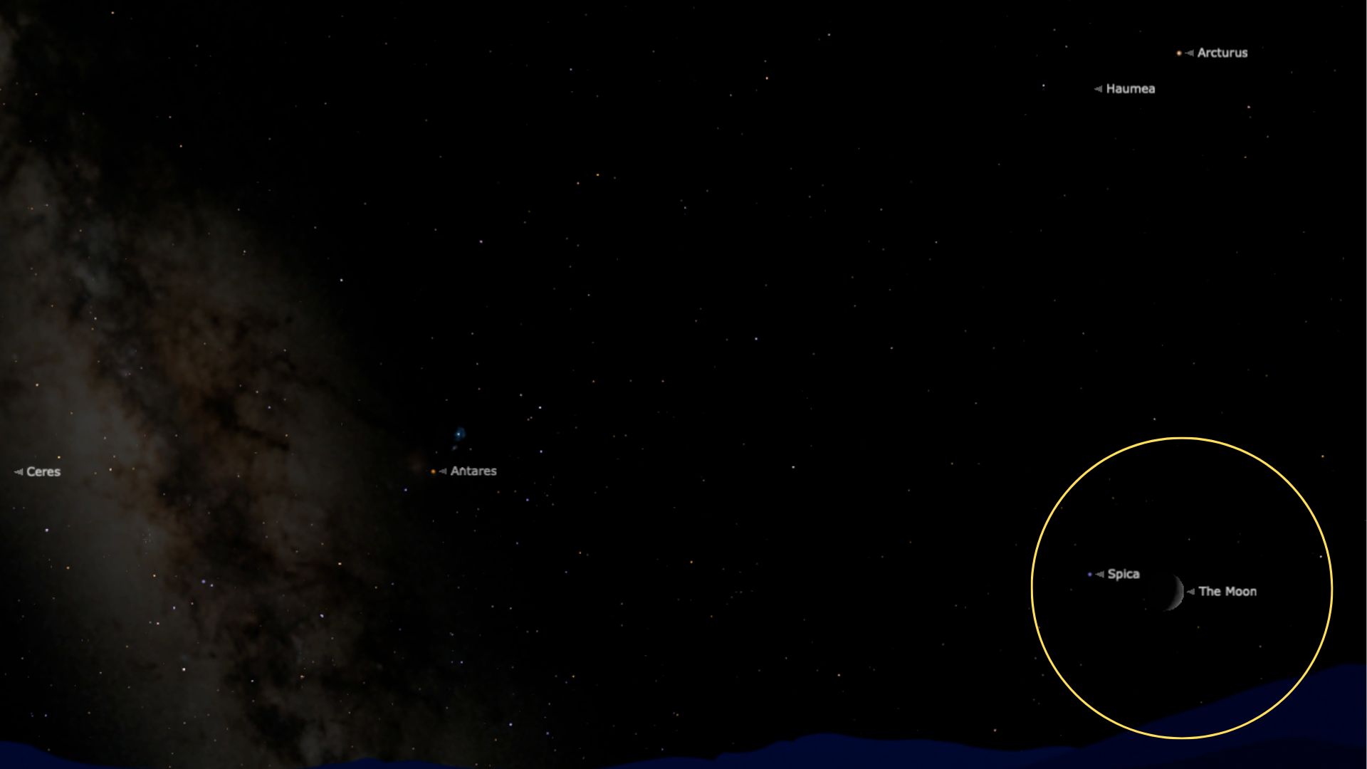 El gráfico muestra la Luna brillando cerca de Spica, con un círculo amarillo rodeando al par.